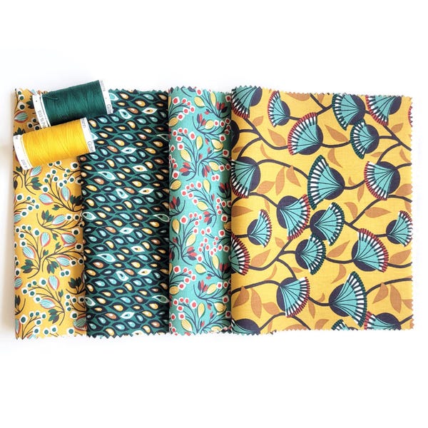 Cotton Quilting Fabric - Eden Fabric Collection - Saffron and Turquoise - Willow Weavers - Domotex