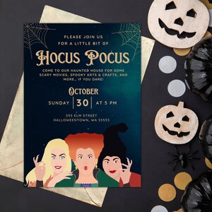May include: Invitation to a Hocus Pocus themed Halloween party on Sunday, October 30th at 5 PM. The invitation features a dark blue background with gold stars and a spiderweb. The text is in gold and white. The invitation also features a cartoon image of the three Sanderson sisters from the movie Hocus Pocus.