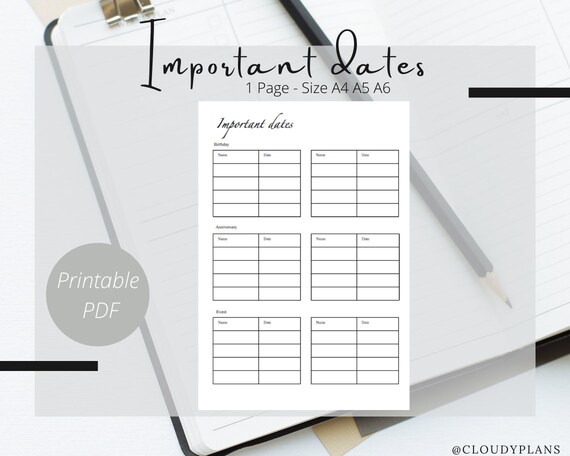 Important Dates Printable Printable Planner PDF Download | Etsy