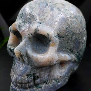 以下が含まれることがあります： 詳細なデザインの彫刻された石の頭蓋骨。頭蓋骨は主にグレーで、緑と白の静脈が全体にあります。眼窩、鼻、歯がはっきりと定義されています。全体的な美しさは、天然石と不気味な芸術の融合です。