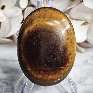 Puede incluir: Una piedra preciosa ojo de tigre de forma ovalada con una superficie pulida y lisa que presenta bandas chatoyantes características en tonos marrón dorado y marrón oscuro. La piedra se exhibe verticalmente sobre un soporte transparente.
