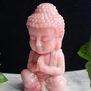 May include: A small, pink Buddha statue in a seated meditation pose. The statue has a serene expression and hands clasped in prayer. The Buddha's hair is styled in tight curls. The statue is made of a smooth, polished material.