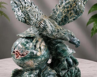 Beautiful, Moss Agate Druzy Eagle - Hand-carved Collectible Stone Carving