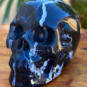May include: A polished black skull sculpture with white and blue veining. The skull has detailed features, including eye sockets, a nose cavity, and teeth. The surface is glossy, reflecting light and creating a striking contrast between the dark base and the lighter veins.