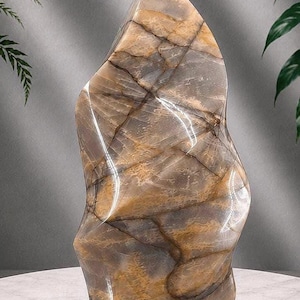 May include: A polished, flame-shaped stone sculpture featuring a smooth, glossy surface with a complex pattern of swirling tan, beige, and dark brown veins. The object has a vertical, organic form with a pointed top and a rounded, stable base.