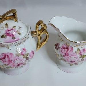Vintage 1950/60&#39;s Lefton Bone China, Pattern LEF48 Handpainted Creamer and Sugar Bowl with 24K Gold Trim, Marked and Numbered, Made in Japan
