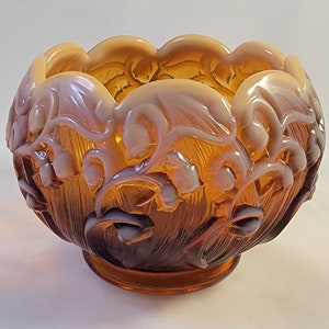 Vintage 1960&#39;s Fenton Amber Opalescent Cameo Lily of the Valley Rose Bowl, Scalloped Frosted Edges, Marked on Bottom