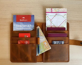 May include: A brown leather travel wallet with multiple pockets and slots for cards, cash, and documents. The wallet is open and contains a map, credit cards, and a pen.