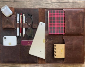 Personalized Leather Portfolio with Airpods and Ipad Sleeve, A4 Document Holder, Paper Size Leather Organizer, Handmade Vintage Portfolio