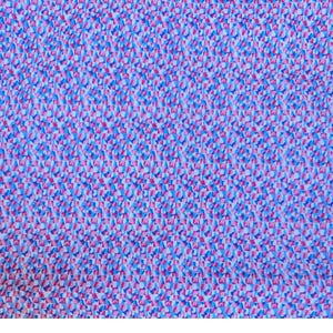 May include: A close-up of a fabric with a repeating geometric pattern. The pattern features small, irregular shapes in shades of blue, pink, and purple, creating a textured appearance. The overall effect is a vibrant and visually complex design.