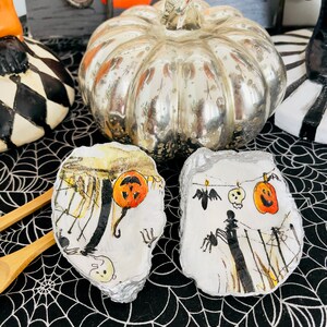 Oyster Shells Pumpkin Bat Ghost Salt & Pepper Servers with Bamboo Wood Spoons