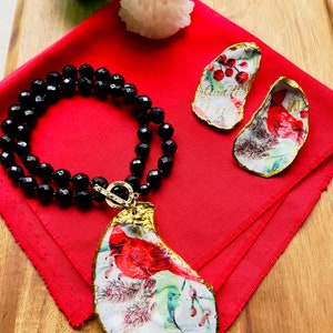 Christmas Oyster Shell Red Cardinal & Berries Necklace.