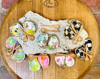 Oyster Shells Salt & Pepper Servers with Bamboo Wood Spoons