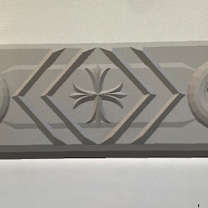 May include: A white, rectangular, decorative trim piece with a raised cross design in the center. The trim piece has three circular cutouts on each side.