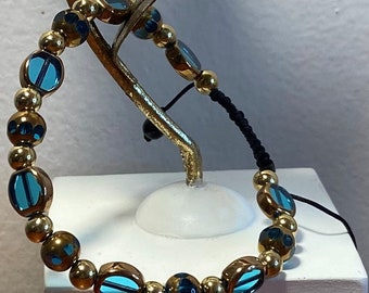 Blue and Gold Bracelet, Slip Knot Black Bracelet. Crystal Clear Blue Bracelet.
