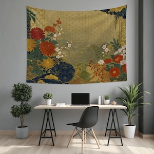Japanese Style Floral Art Tapestry, Wall Hanging Decor with Blossoms, Elegant Asian Design