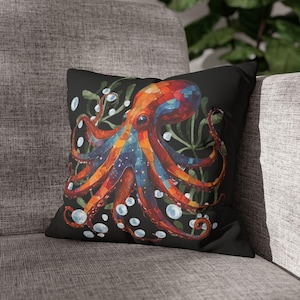 Colorful Octopus Art Pillow - Faux Suede Cushion for Nautical Decor & Gift Ideas