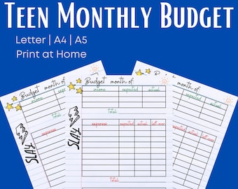 Teen Monthly Budget Printable Planner, Personal Budget, Budget Worksheet, Print at Home, Personal Finance, Money Goals, PDF