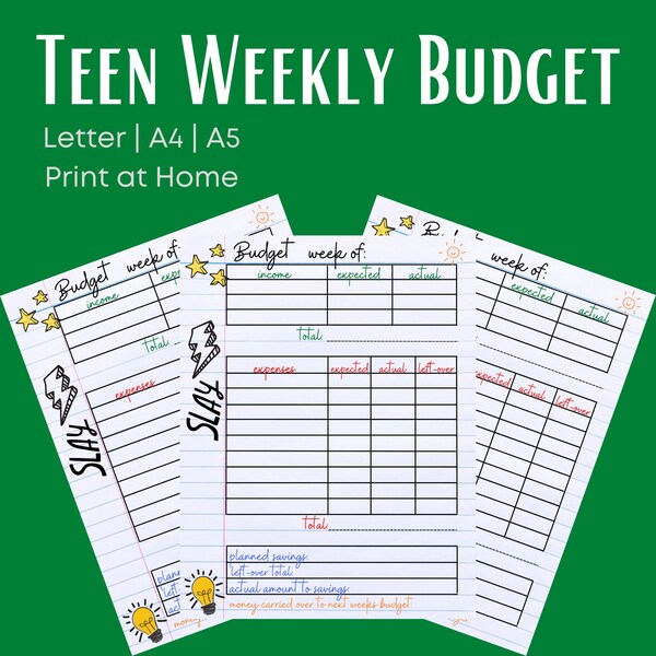 Teen Weekly Budget Printable Planner, Personal Budget, Budget Worksheet, Print at Home, Personal Finance, Money Goals, PDF