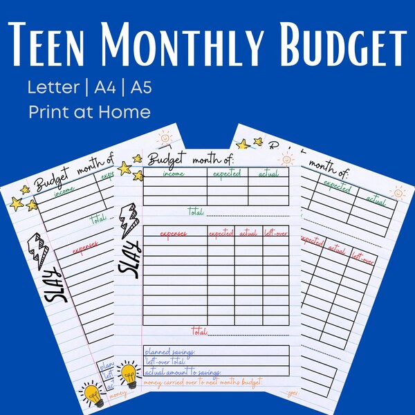 Teen Monthly Budget Printable Planner, Personal Budget, Budget Worksheet, Print at Home, Personal Finance, Money Goals, PDF