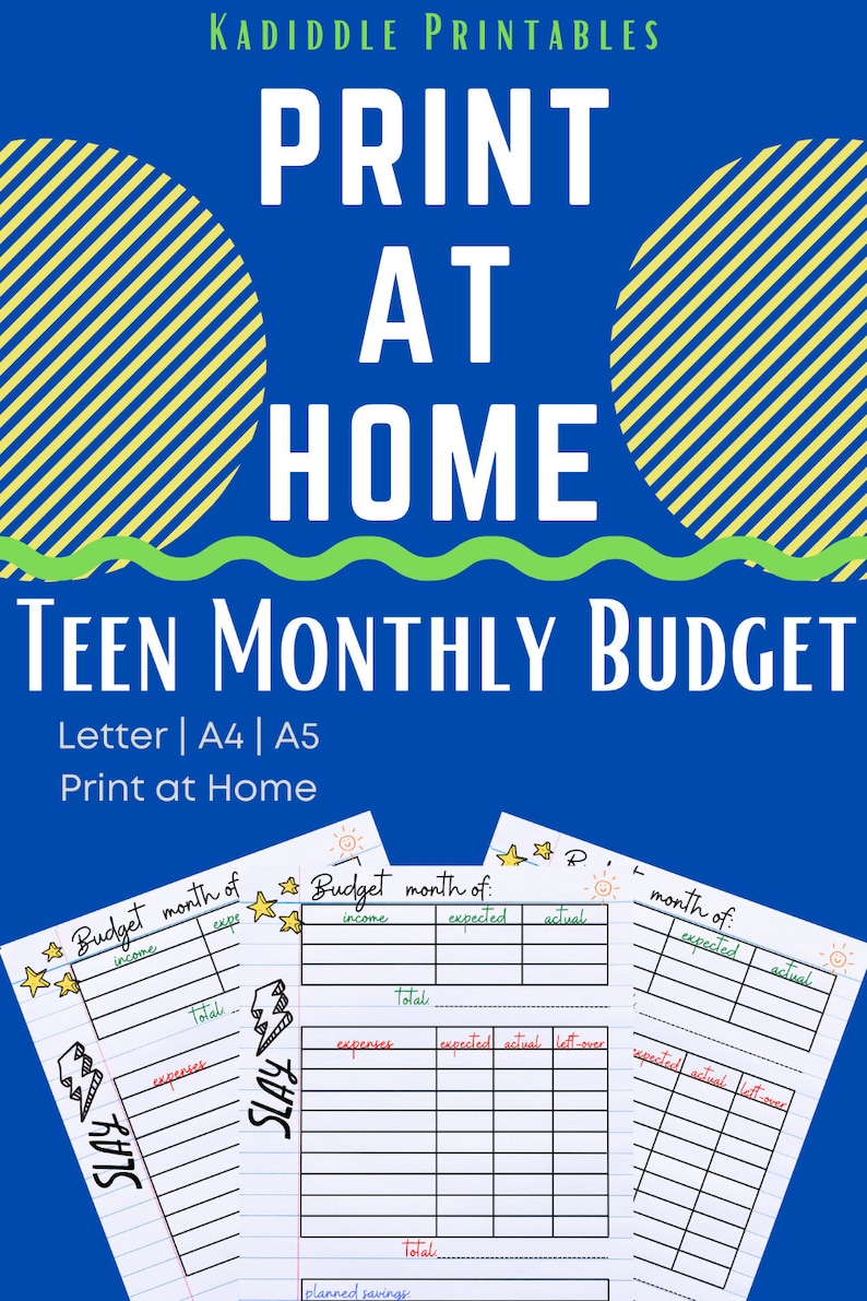Teen Monthly Budget Printable Planner, Personal Budget, Budget