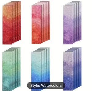 May include: Set of 10 watercolour-style bookmarks with a gradient of colour. The bookmarks are in red, orange, purple, green, and blue.