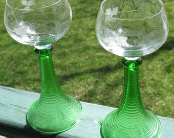 Vintage pair of Bohemian wine glasses clear etched bowl threaded green stem