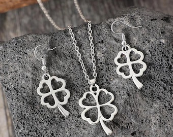 Conjunto de joyas de collar y aretes de aleación con forma de trébol de la suerte
