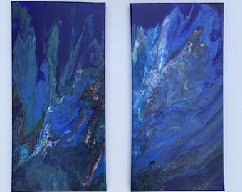 Fluid art painting. Title: Blue diptych. Abstract table. Pouring.