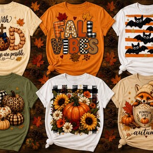 May include: Six short-sleeved t-shirts featuring autumn-themed graphics. Designs include pumpkins, a fox in a mug, bats, and text such as With God all things are possible, Fall Vibes, and Pumpkin Spice. The shirts are displayed in a grid layout.