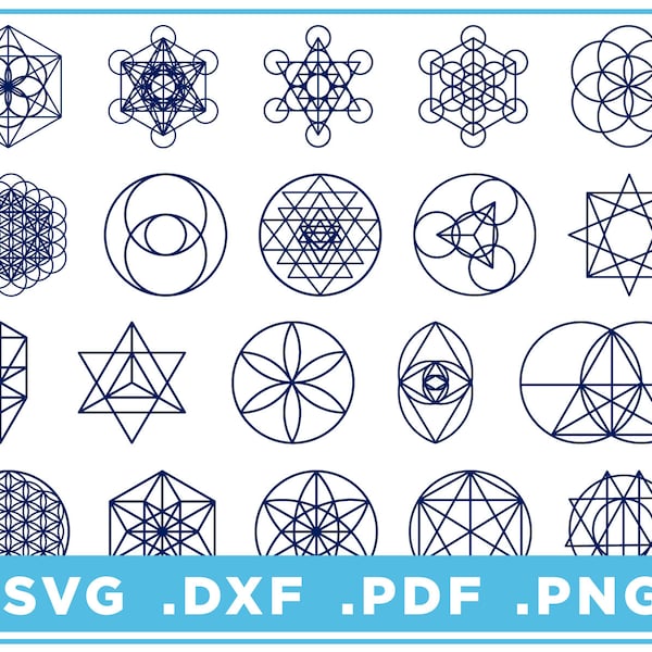 Conjunto de geometría sagrada de 20 diseños individuales svg/dxf/png/pdf, archivos de corte, descarga digital, Cricut, silueta, Glowforge, descarga instantánea