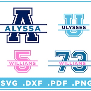 Pode incluir: Quatro designs de monograma dividido com um nome e uma letra ou um número. Os designs são em azul, rosa e azul claro. O texto diz "Alyssa", "Ulysses", "Williams" e "Williams".