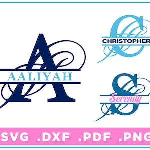 May include: Three monogram designs with a decorative flourish. The first design features the letter A with the name "Aaliyah" in a banner above it. The second design features the letter C with the name "Christopher" in a banner above it. The third design features the letter S with the word "Serenity" in a banner above it.
