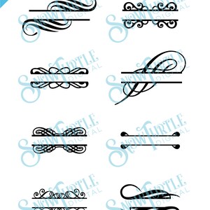 May include: Set of eight black and white SVG split monogram designs. Each design features a different decorative flourish.