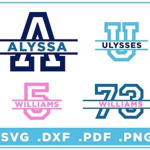 May include: Four different split monogram designs with the names Alyssa, Ulysses, and Williams. The designs feature a large letter or number with a horizontal line through the middle and the name written below the line. The designs are in blue, pink, and white.