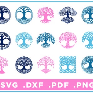 May include: A set of 15 digital SVG, DXF, PDF, and PNG files featuring various tree of life designs. The designs are in blue, pink, and black.