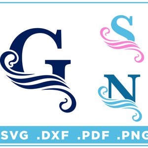 May include: A blue and white monogram design with the letter G, S, and N. The letters are stylized with a decorative flourish and a wave design.
