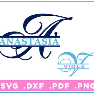 May include: Two monogrammed designs with names "Anastasia" and "Viola" in blue and pink text. The letters are in a cursive font with a decorative flourish. The designs are suitable for use as a wedding or anniversary gift.