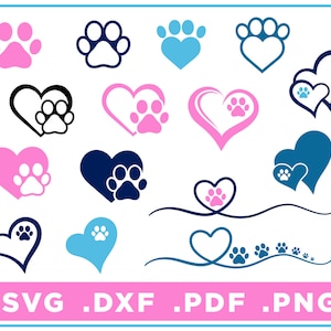 Dog Paw Hearts Set van 13 individuele hondenharten svg / dxf / png / pdf, gesneden bestanden, Digitale Download, Cricut, Silhouet, Glowforge, instant download