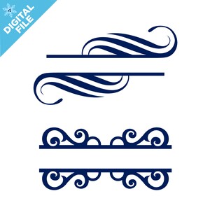 May include: Two sets of decorative, blue, curly, split monogram frames. The top set has a single, larger, curly design on each side of the split. The bottom set has a more intricate, smaller, curly design on each side of the split.