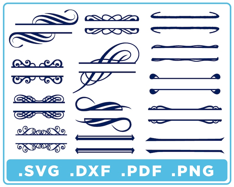 May include: A set of 20 decorative divider lines and swirls in a dark blue color. The dividers are in various styles, including simple lines, ornate swirls, and double lines. The image includes the file types .SVG, .DXF, .PDF, and .PNG.