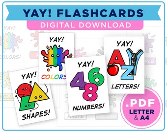 May include: A set of colorful flashcards with illustrations of shapes, numbers, letters, and colors. The flashcards are labeled with the words "Shapes", "Numbers", "Letters", and "Colors". The text "YAY! FLASHCARDS DIGITAL DOWNLOAD" is at the top of the image. The text ".PDF LETTER & A4" is at the bottom of the image.