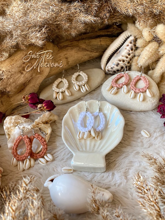Macram Earrings With Cowrie Shell Macram Jewelry for Women