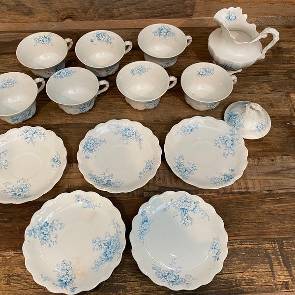 Blue Transferware Teacups, Saucers, Creamer