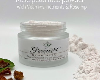 Translucent rose petal face powder with vitamins and nutrients.