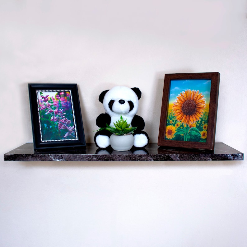 Puede incluir: Un peluche de panda blanco y negro sosteniendo una peque&ntilde;a planta verde en una maceta blanca. El panda est&aacute; sentado en un estante negro con dos cuadros enmarcados, uno con un dise&ntilde;o floral y el otro con un girasol.