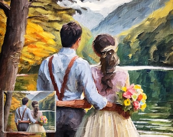 Retrato de compromiso de la foto, pintura personalizada, retrato de boda, retrato de pareja, regalo de cumpleaños, pintura de mascotas, retrato de casa, enmarcado