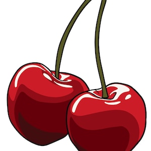 Può includere: Due ciliegie rosse con steli verdi, una sopra l'altra.