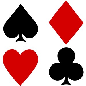 Puede incluir: Conjunto de nueve símbolos de palo de cartas de juego. Los símbolos son corazones, diamantes, picas y tréboles. Cada símbolo se muestra en negro, rojo y blanco.