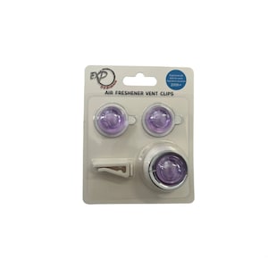 May include: A pack of car air freshener vent clips. The pack is white with a purple air freshener and a white clip. The pack says "Air Freshener Vent Clips" and "EXP Designs".